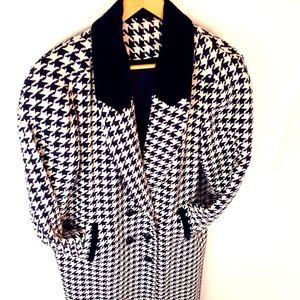 Houndstooth Velvet Collar Long Coat Jacket SIZE 12